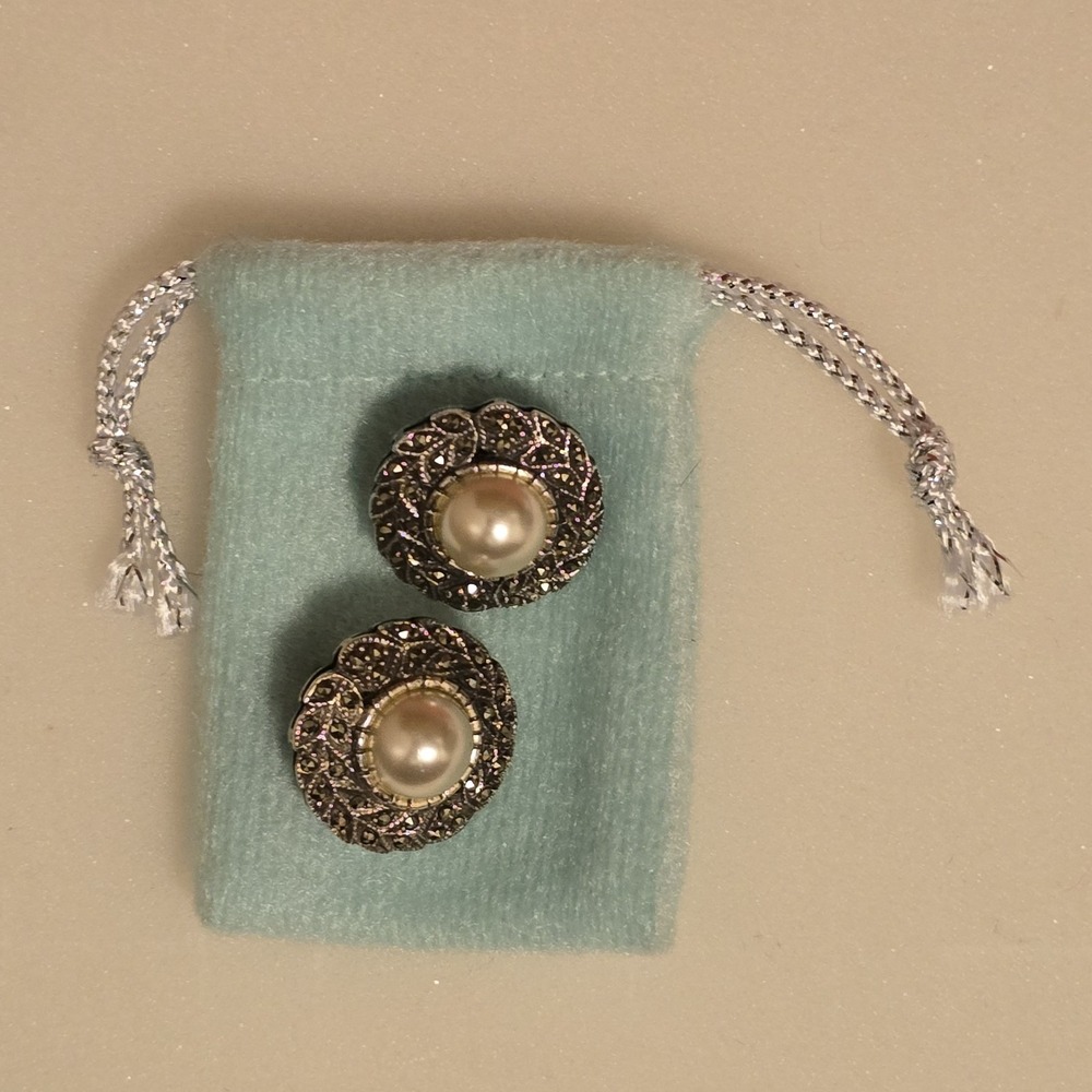 Vintage Sterling Silver 925 Marcasite Pearl Post Earrings